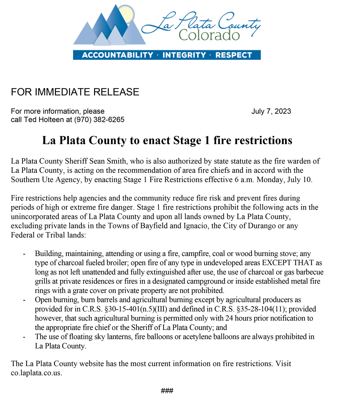 La Plata County Stage 1 Fire Restrictions Southern Ute Indian Tribe