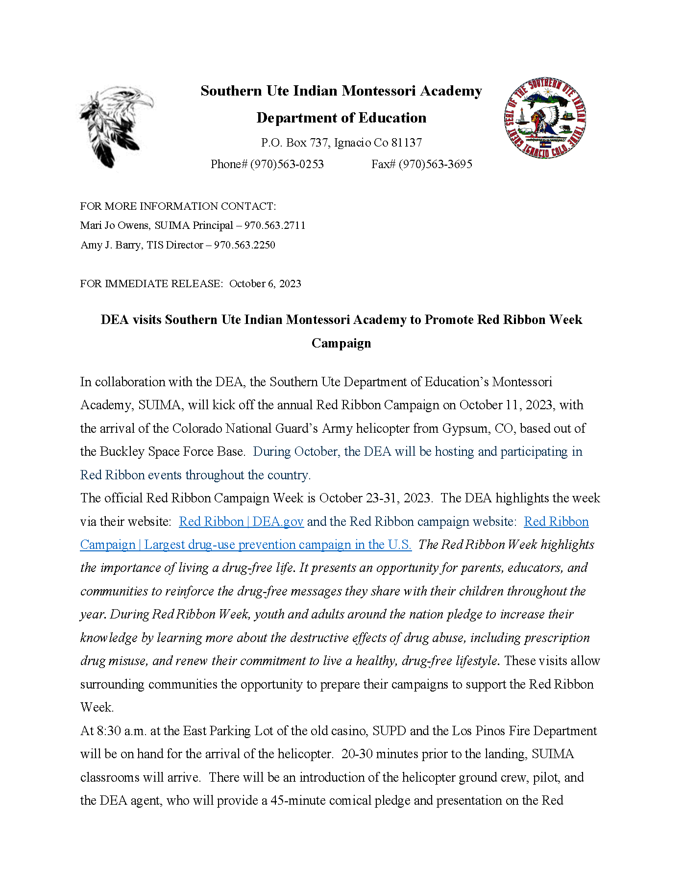 SUIMA announces Red Ribbon Campaign Event 2023 Southern Ute Indian Tribe