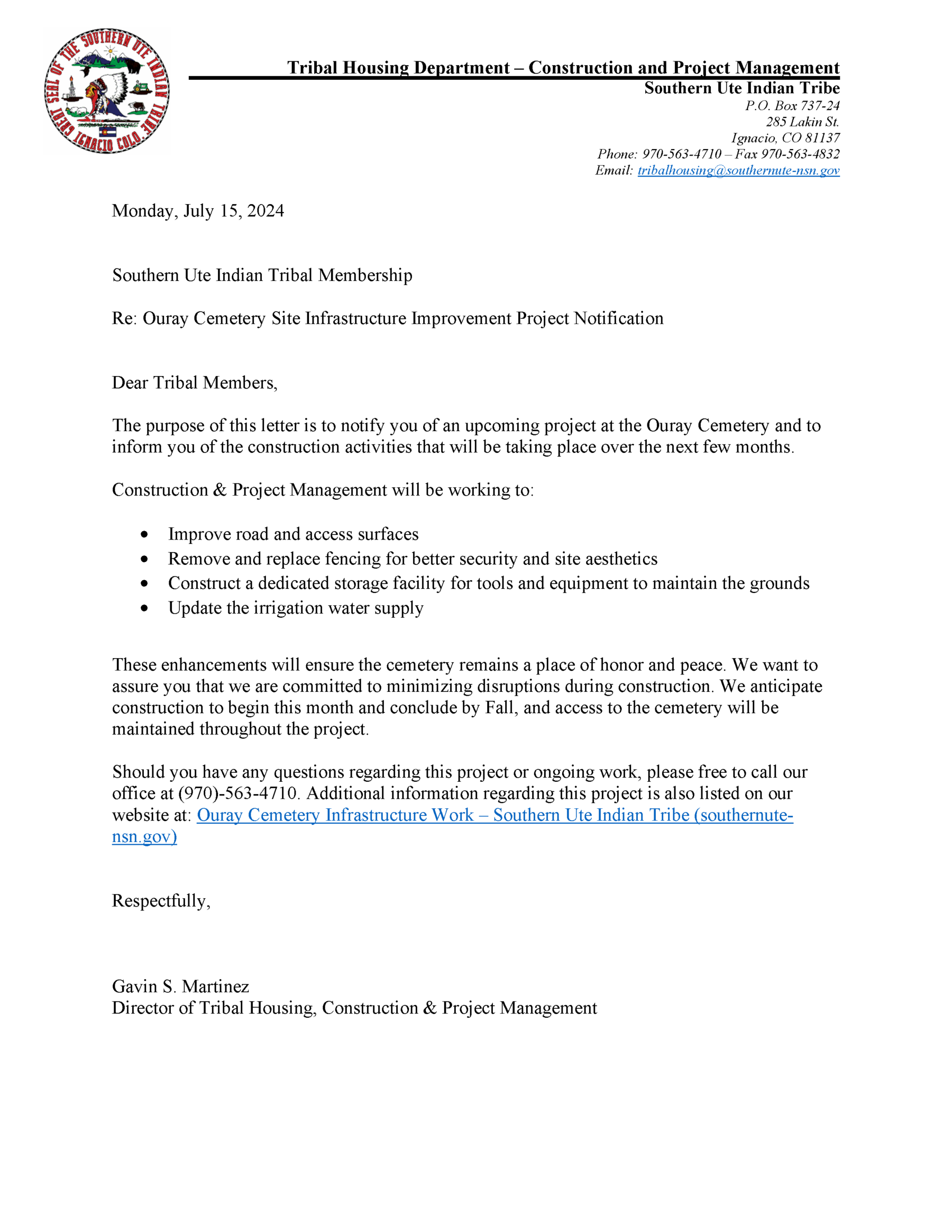 Southern Ute Construction & Project Management Announces Ouray Cemetery Site Infrastructure