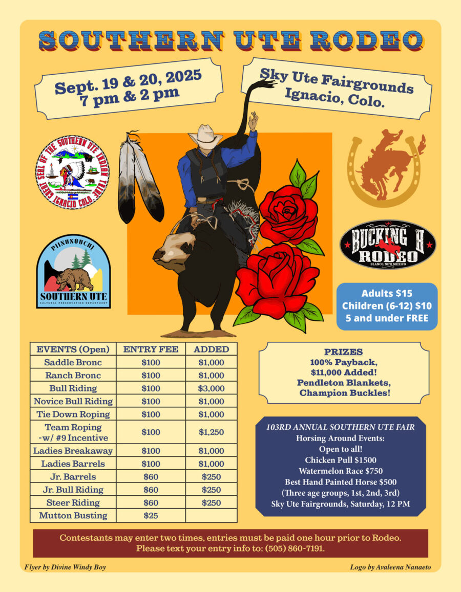 Southern Ute Rodeo
September 19 & 20, 2025 7PM and 2PM Sky Ute Fairgrounds Ignacio, CO
