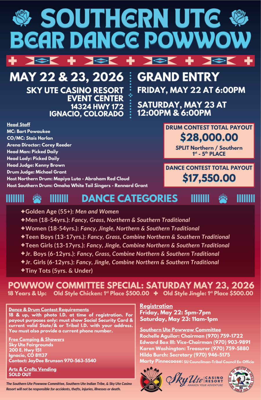 Southern Ute Bear Dance Powwow May 22 & 23, 2026 Sky Ute Casino Resort
Grand Entry
Friday, May 22 at 6PM
Saturday, May 23 at 12PM and 6PM